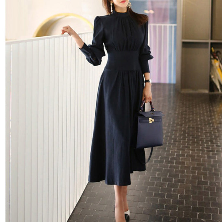 Elegant Stand Collar Office Lady Dresses-Dresses-Navy Blue-S-Free Shipping Leatheretro