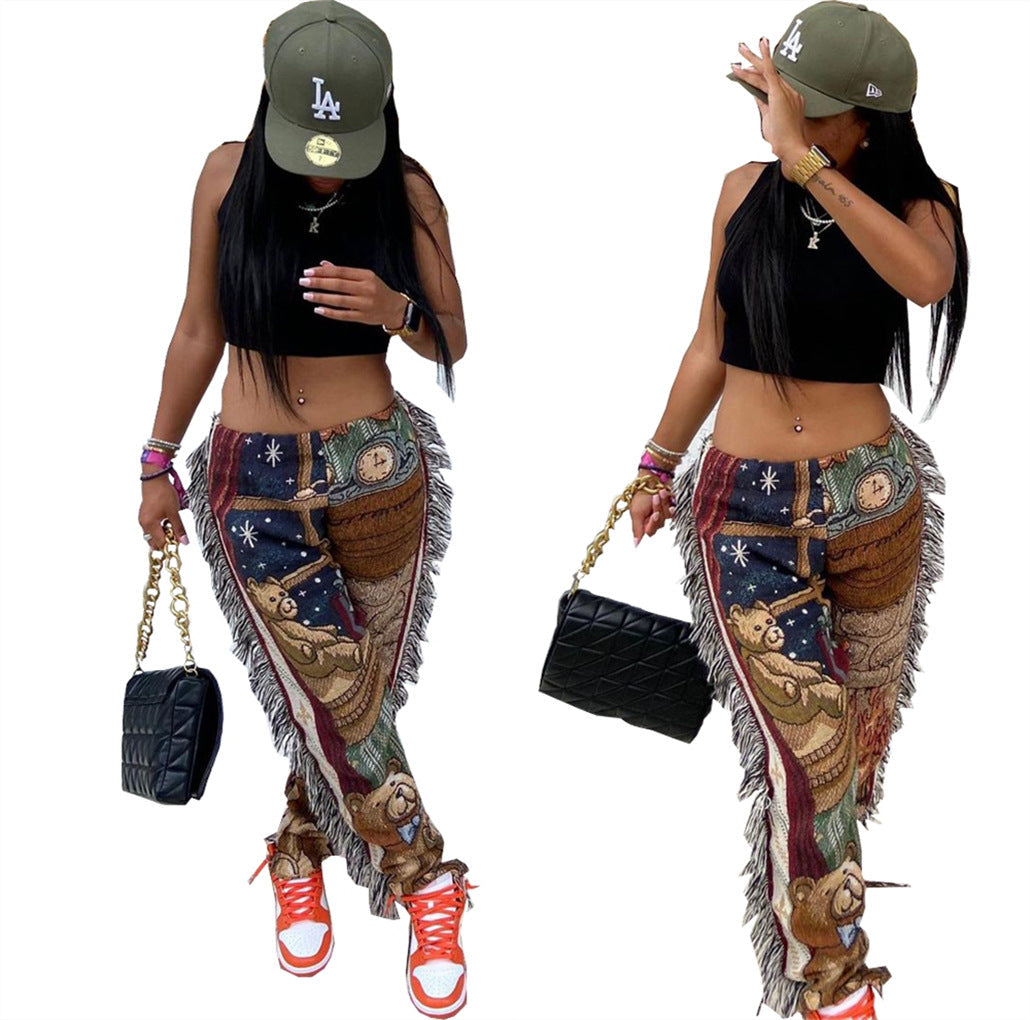 Designed Fashion Cartoon Tassels Pants for Women-Pants-Khaki-S-Free Shipping Leatheretro