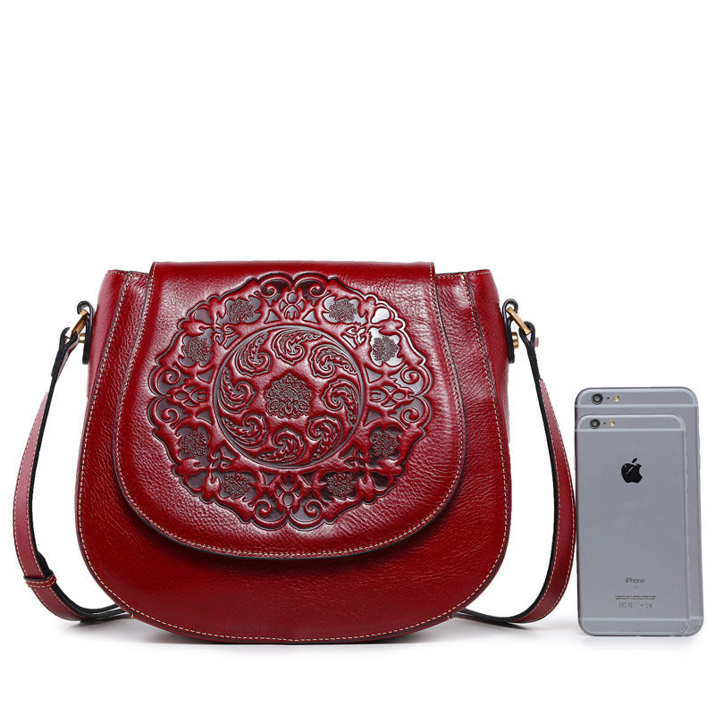 Vintage Cowhide Leather Totem Embossing Shoulder Handbags for Women-Leather Handbags for Women-Red-Free Shipping Leatheretro