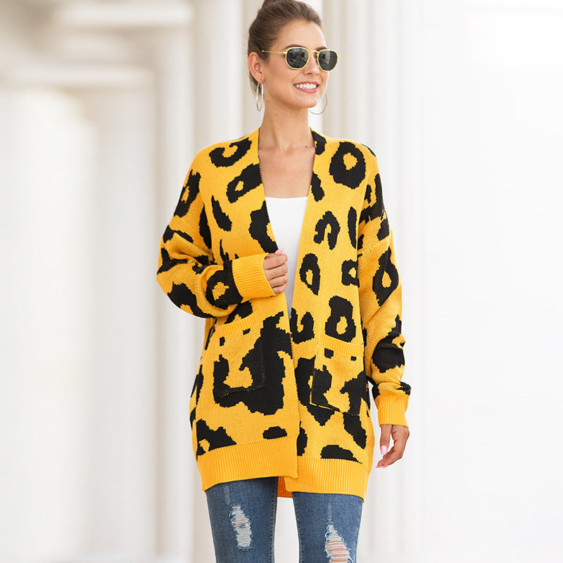 Women Leopard Design Pockets Knitting Cardigans-Shirts & Tops-Yellow-S-Free Shipping Leatheretro