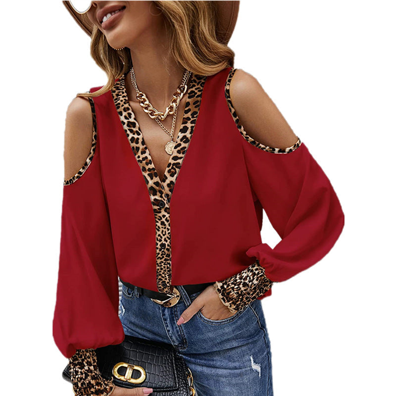 Casual Leopard V Neck Long Sleeves Women T Shirts-Shirts & Tops-Red-S-Free Shipping Leatheretro