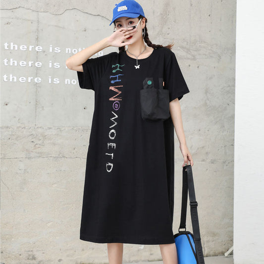 Letter Designed Summer Short Sleeves Plus Sizes Midi Dresses-Dresses-Black-One Size-Free Shipping Leatheretro