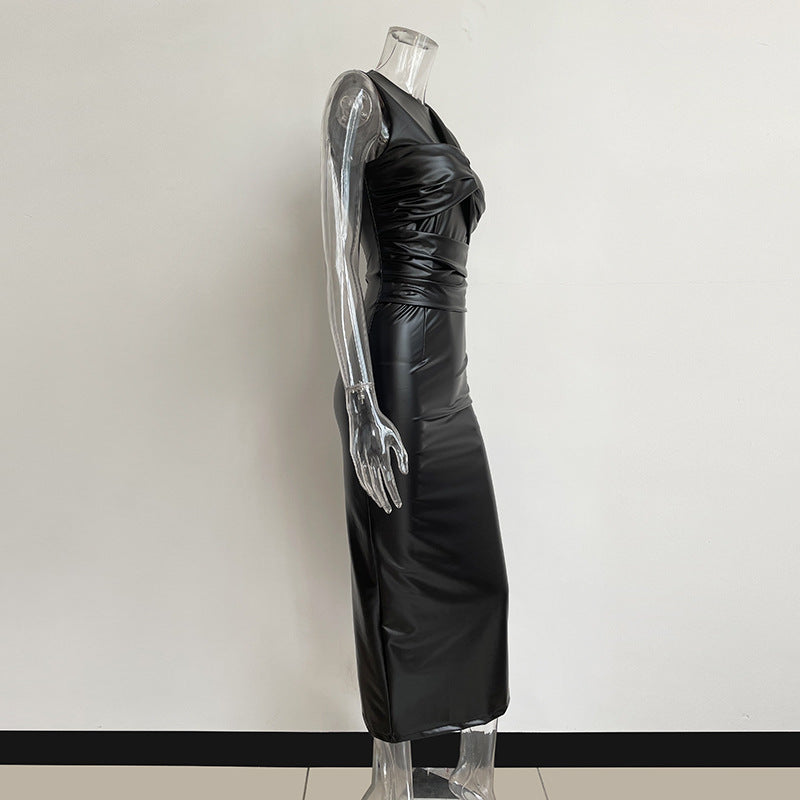 Vintage Irregular PU Leather Sleeveless Long Dresses-Dresses-Brown-S-Free Shipping Leatheretro