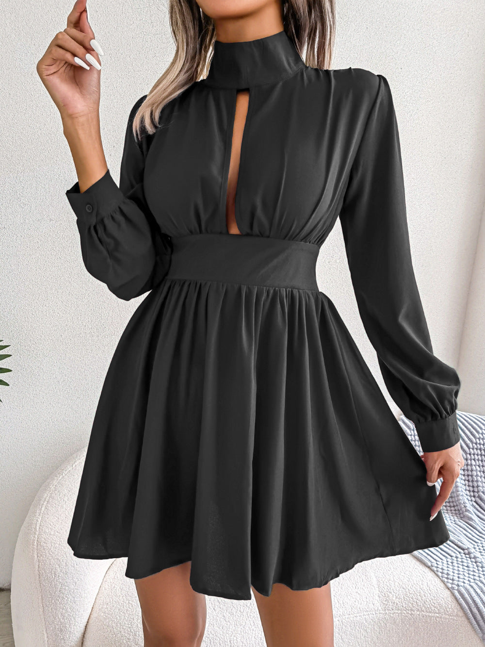 Elegant High Neck Hollow Out Short Dresses-Dresses-Black-S-Free Shipping Leatheretro