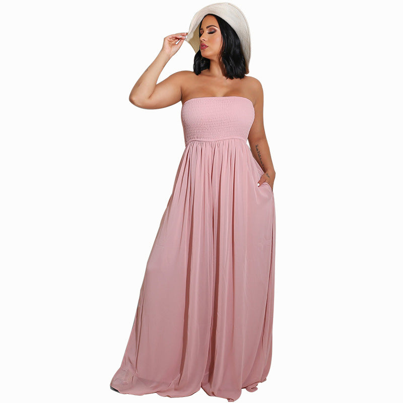 Sexy Strapless High Waist Chiffon Summer Jumpsuits-Suits-Pink-S-Free Shipping Leatheretro