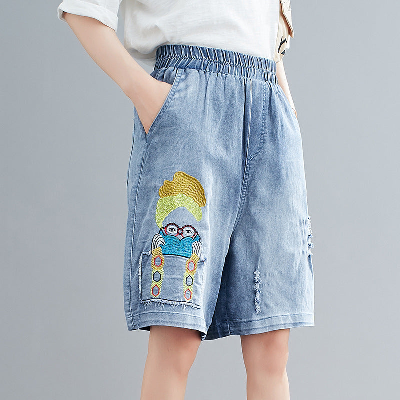 Summer Embroidery Plus Sizes Women Dnim Shorts-Pants-Blue-L-Free Shipping Leatheretro