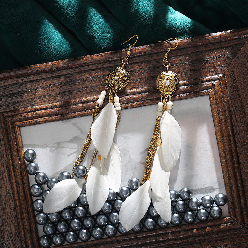 Bohemian Feather Design Women Drop Rings-Earrings-White-Free Shipping Leatheretro