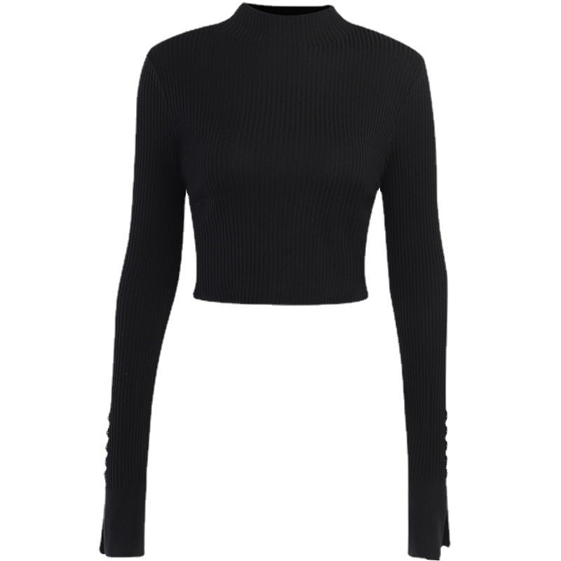 Elegant Turtleneck Short Knitted Tops-Shirts & Tops-Black-S-Free Shipping Leatheretro