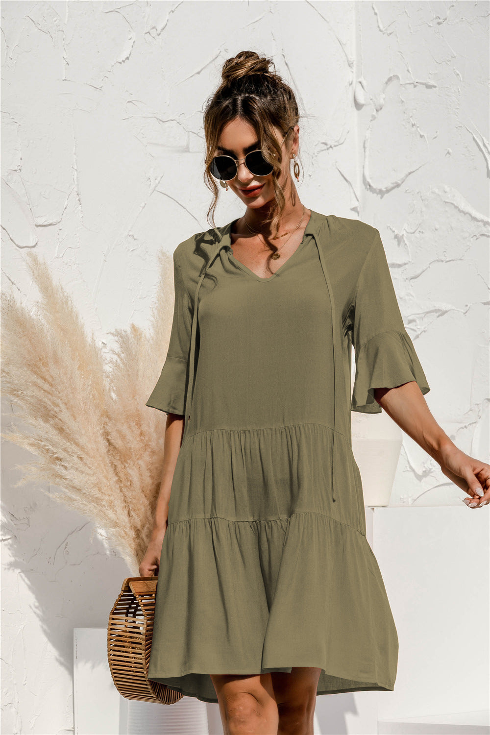 Casual Short Cake Style Daily Dresses-Dresses-Army Green-S-Free Shipping Leatheretro