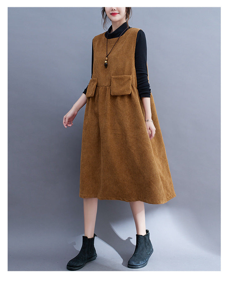 Vintage Corduroy Plus Sizes Fall Long Vest Dresses-Dresses-Black-M-Free Shipping Leatheretro