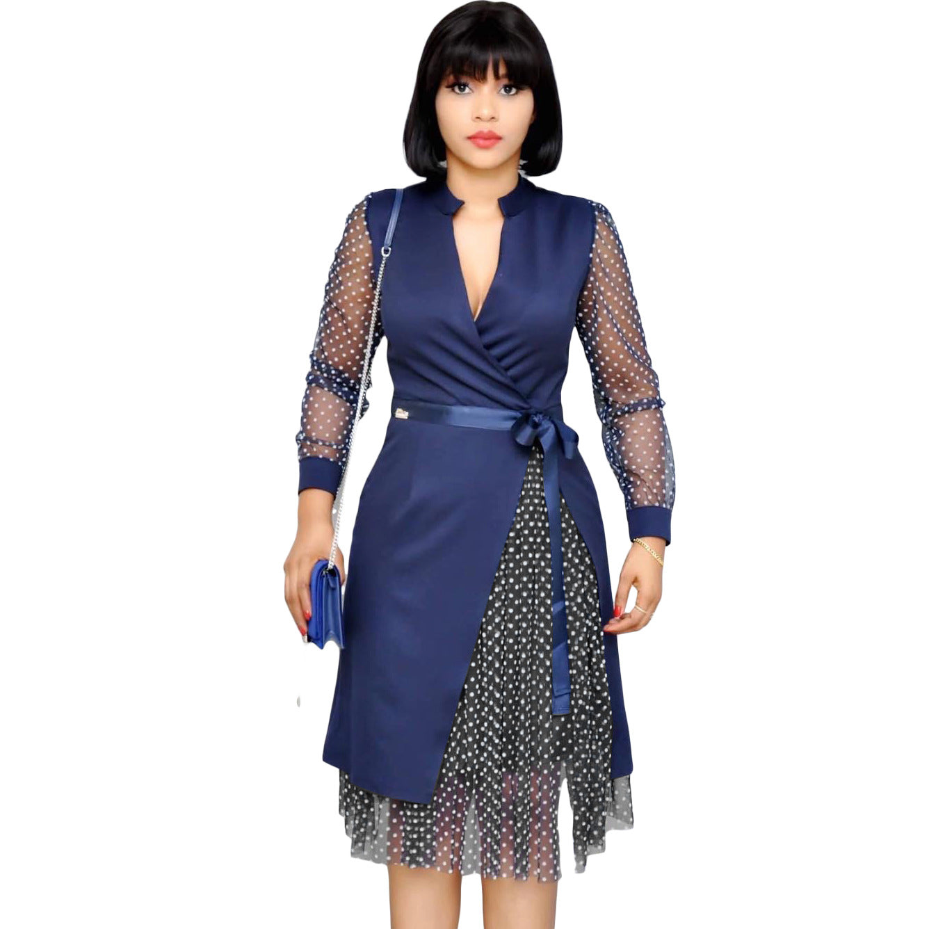 Fashion Dot Print Plus Sizes Women Dresses-Dresses-Navy Blue-S-Free Shipping Leatheretro