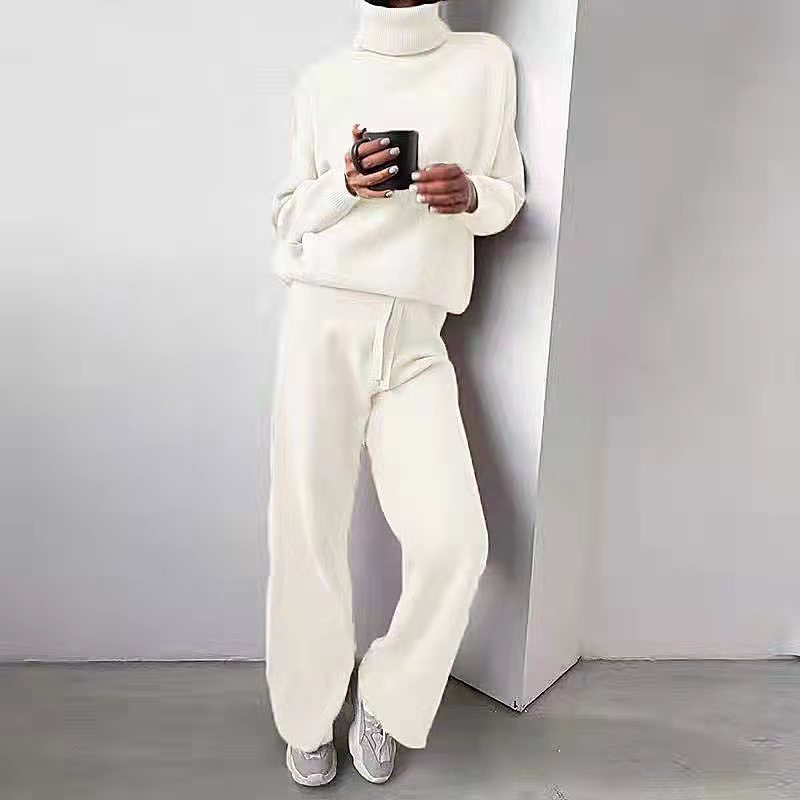 Casual High Neck Two Pieces Knitted Tops & Wide Legs Pants-Suits-White-S-Free Shipping Leatheretro