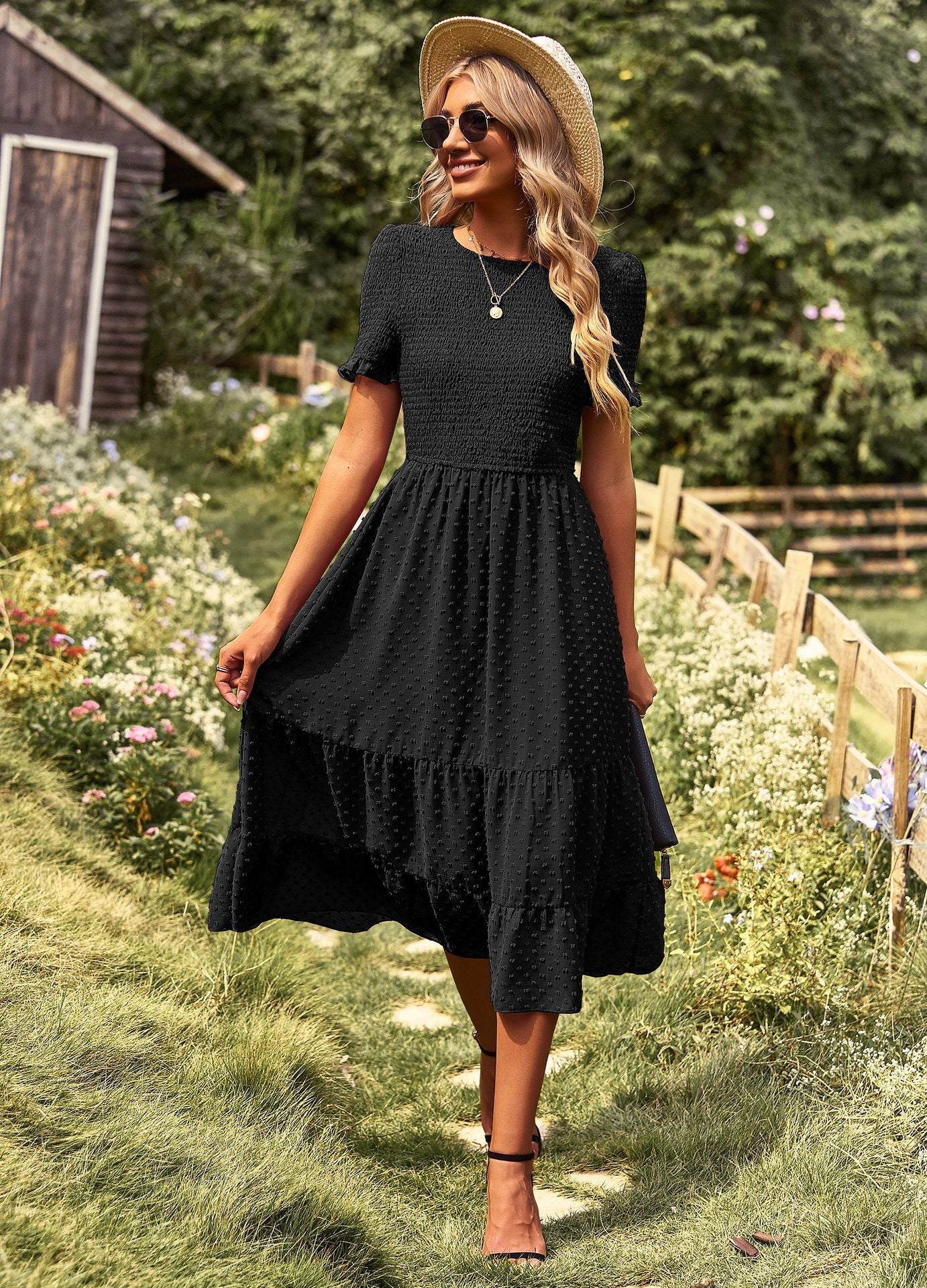 Elegant Short Sleeves Midi Dresses-Dresses-Black-S-Free Shipping Leatheretro