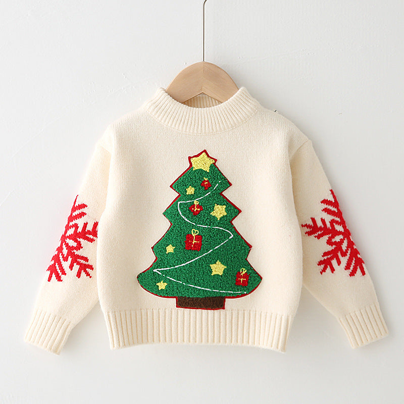 Christmas Tree Design Pullover Sweaters for Kids-Shirts & Tops-Ivory-90cm-Free Shipping Leatheretro