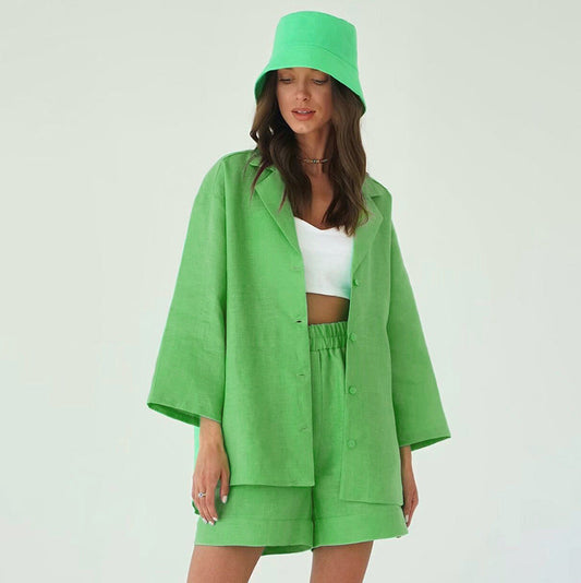 Casual Cotton Summer Women Out Suits-Green-S-Free Shipping Leatheretro
