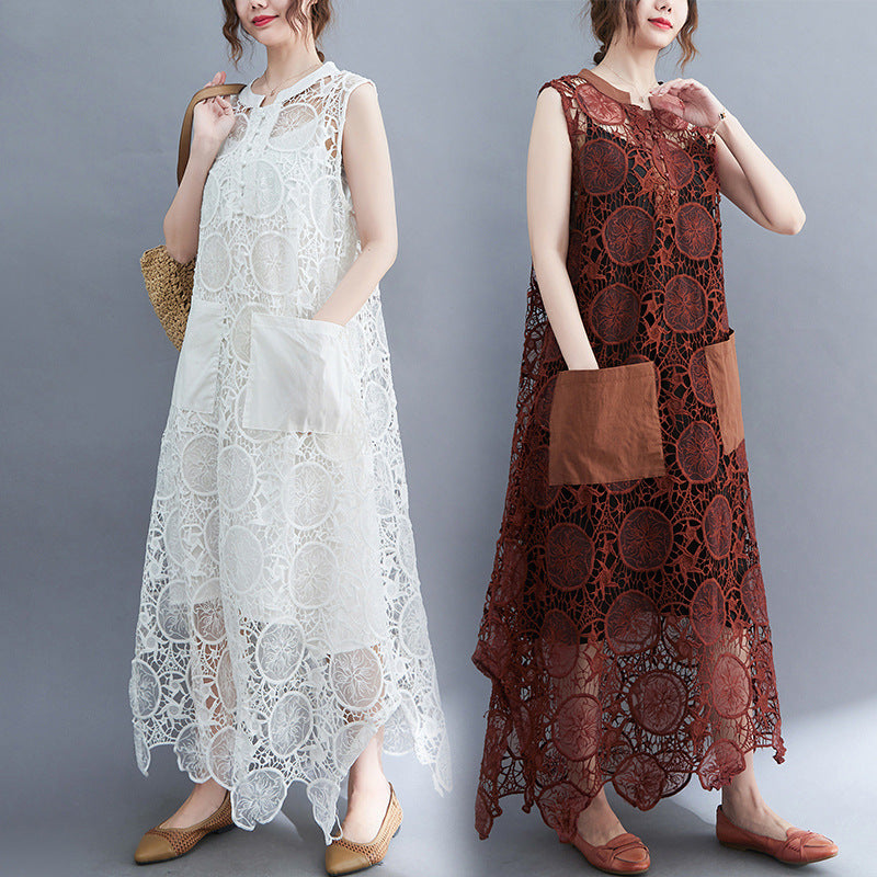 Vintage Lace Embroidery Sleeveless Two Pieces Dresses-Dresses-White-L-Free Shipping Leatheretro