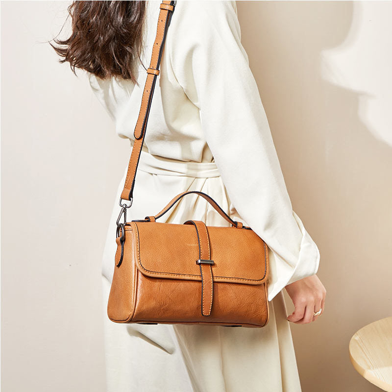 Vegetable Tanned Leather Messenger Handbag for Women 2211-Handbags, Wallets & Cases-Black-Free Shipping Leatheretro