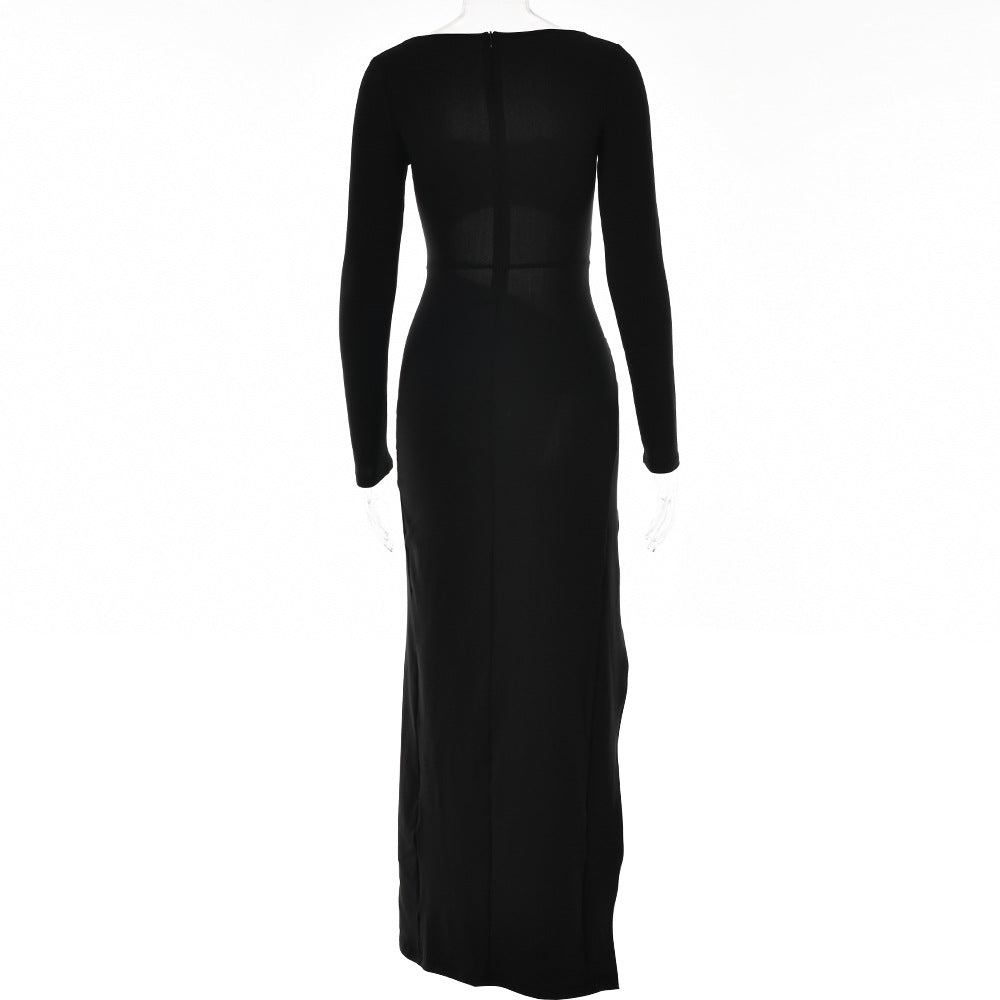 Sexy Square Neckline Split Front Long Sleeves Dresses-Dresses-Black-S-Free Shipping Leatheretro