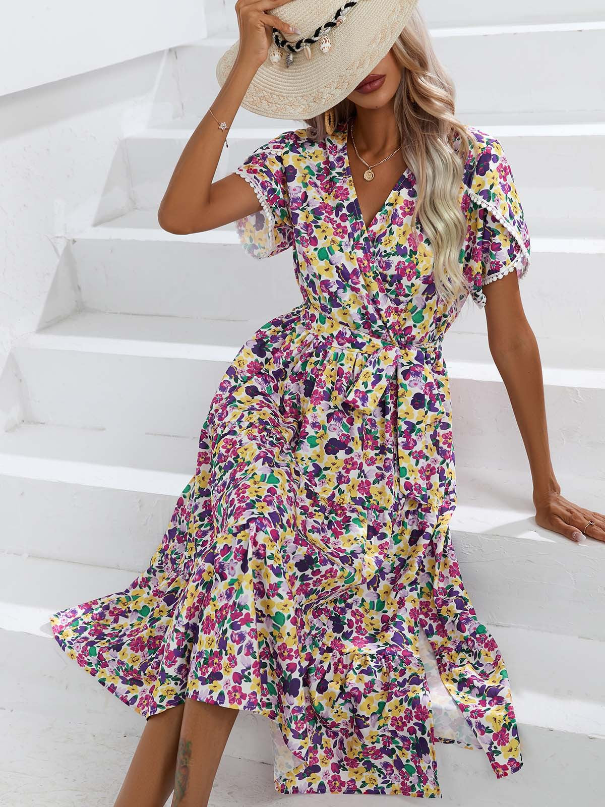 Leisure Summer V Neck Women Midi Dresses-Dresses-Purple-S-Free Shipping Leatheretro