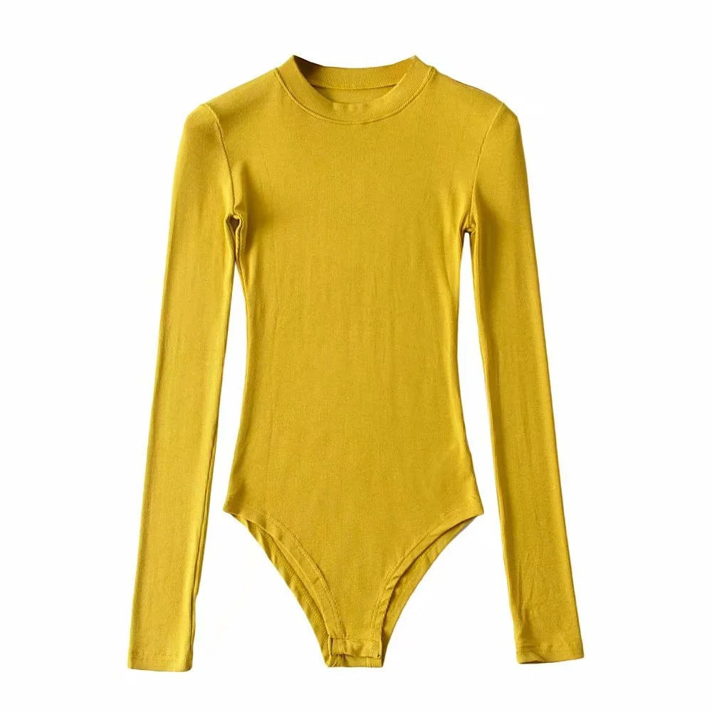 Sexy Tight Round Neck Long Sleeves Romper Shirts-Shirts & Tops-Yellow-S-Free Shipping Leatheretro