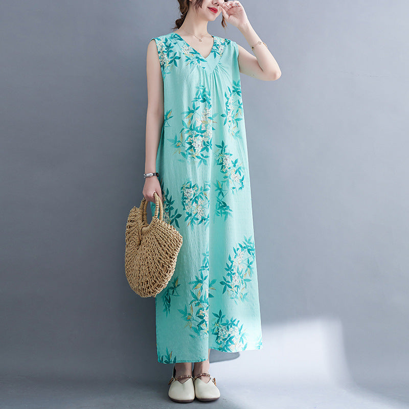 Casual Summer Linen Plus Sizes Sleeveless Dresses-Dresses-Green-1-M【50-60 kg】-Free Shipping Leatheretro