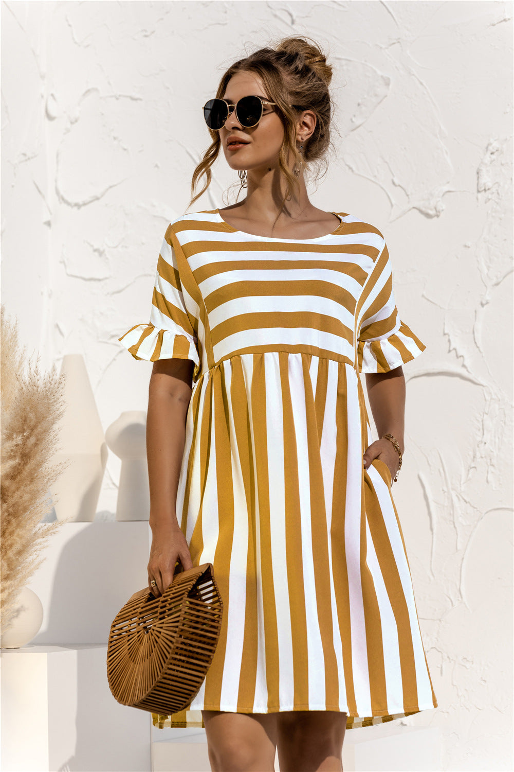 Casual Striped Short Sleeves Summer Daily Dresses-Dresses-Yellow-S-Free Shipping Leatheretro