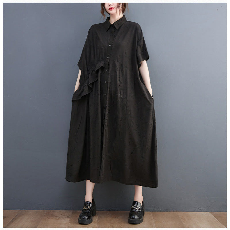 Summer Ruffled Plus Sizes Midi Shirts Dresses-Dresses-Black-One Size-Free Shipping Leatheretro