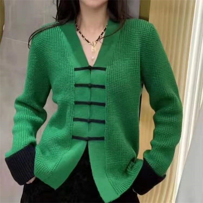 Vintage Knot Button Design Knitting Sweaters for Women-Coats & Jackets-Green-One Size-Free Shipping Leatheretro