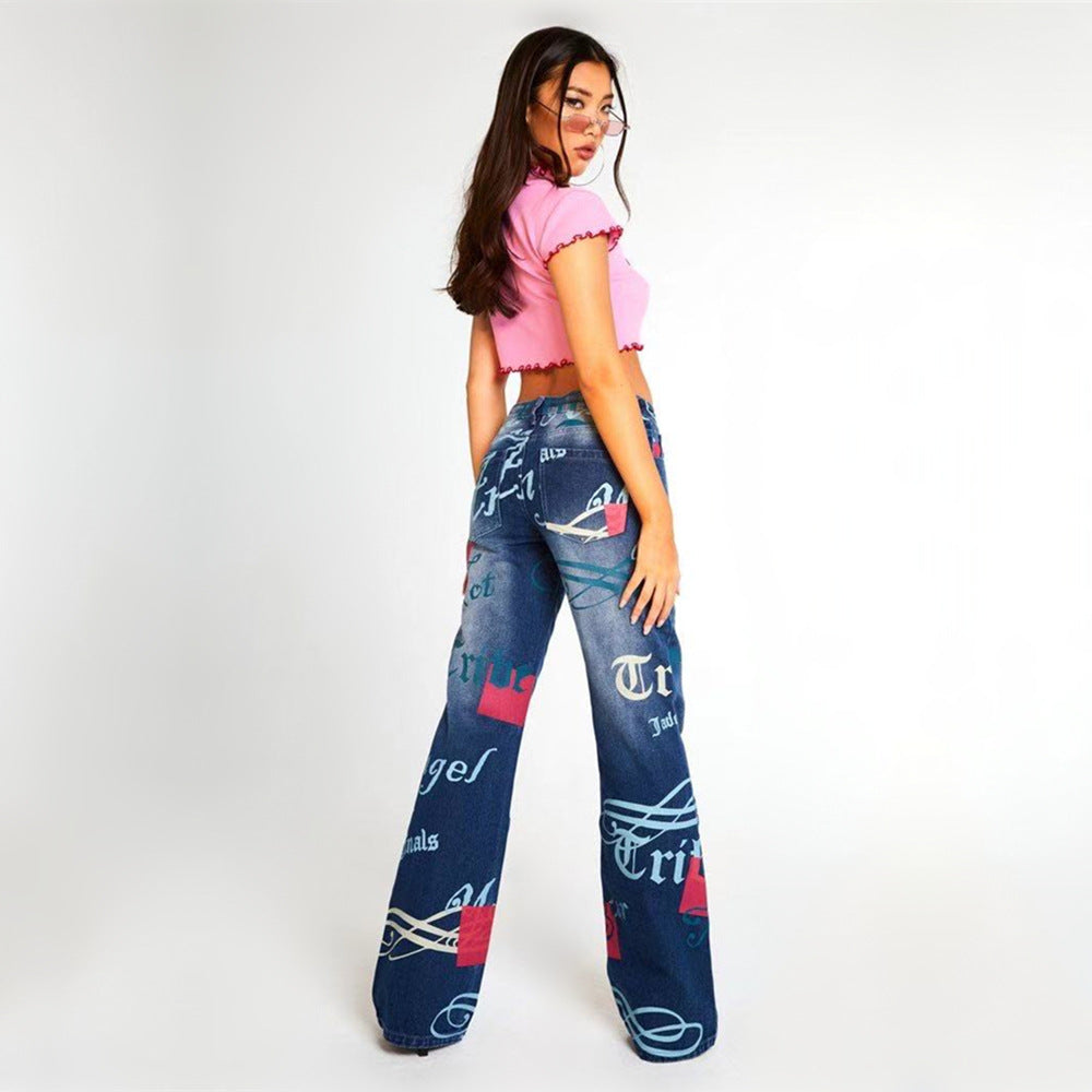 Casual Letter Print High Waist Pants-Pants-Blue-XS-Free Shipping Leatheretro