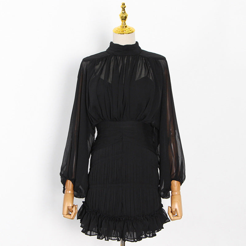 Classy High Neck Chiffon Short Dresses-Dresses-Black-S-Free Shipping Leatheretro