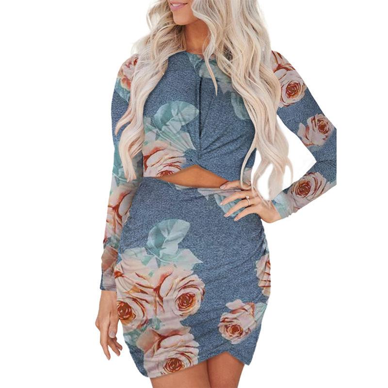 Long Sleeves Midriff Baring Sexy Bodycon Dresses-Sexy Dresses-Blue Flower-S-Free Shipping Leatheretro