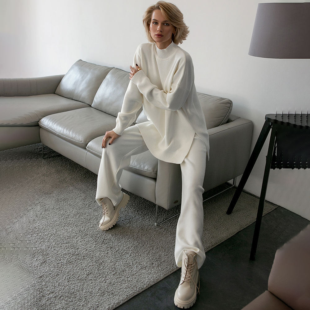 Casual Women High Neck Sweaters and Pants Two Pieces Sets-Suits-White-S-Free Shipping Leatheretro
