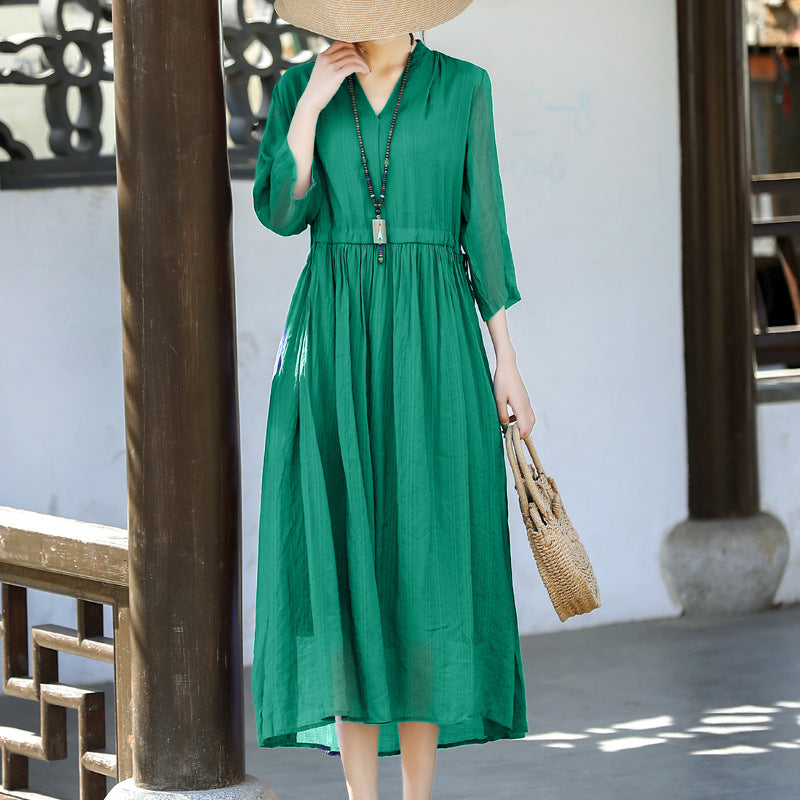 Casual Linen Half Sleeves Drawstring Long Cozy Dresses-Dresses-Green-One Size-Free Shipping Leatheretro
