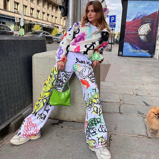 Casual Graffiti Print Wide Legs Pants for Women-Pants-The same as picture-S-Free Shipping Leatheretro