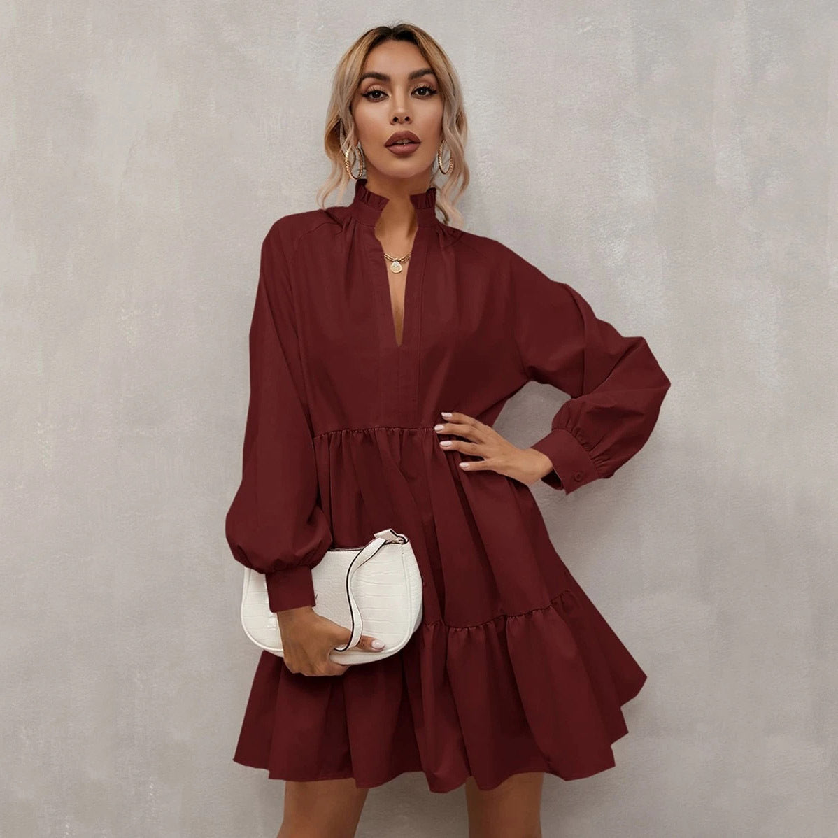 Casual Long Sleeves Daily Dresses-Dresses-Red-XS-Free Shipping Leatheretro