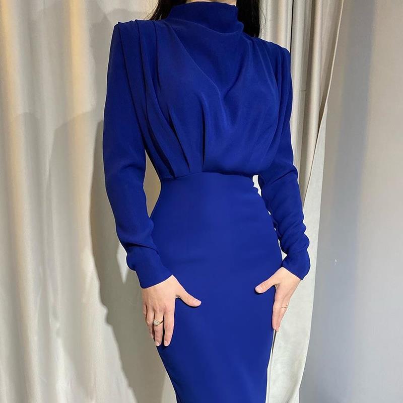 Elegant Round Neck High Neck Long Dresses-Dresses-Navy Blue-S-Free Shipping Leatheretro