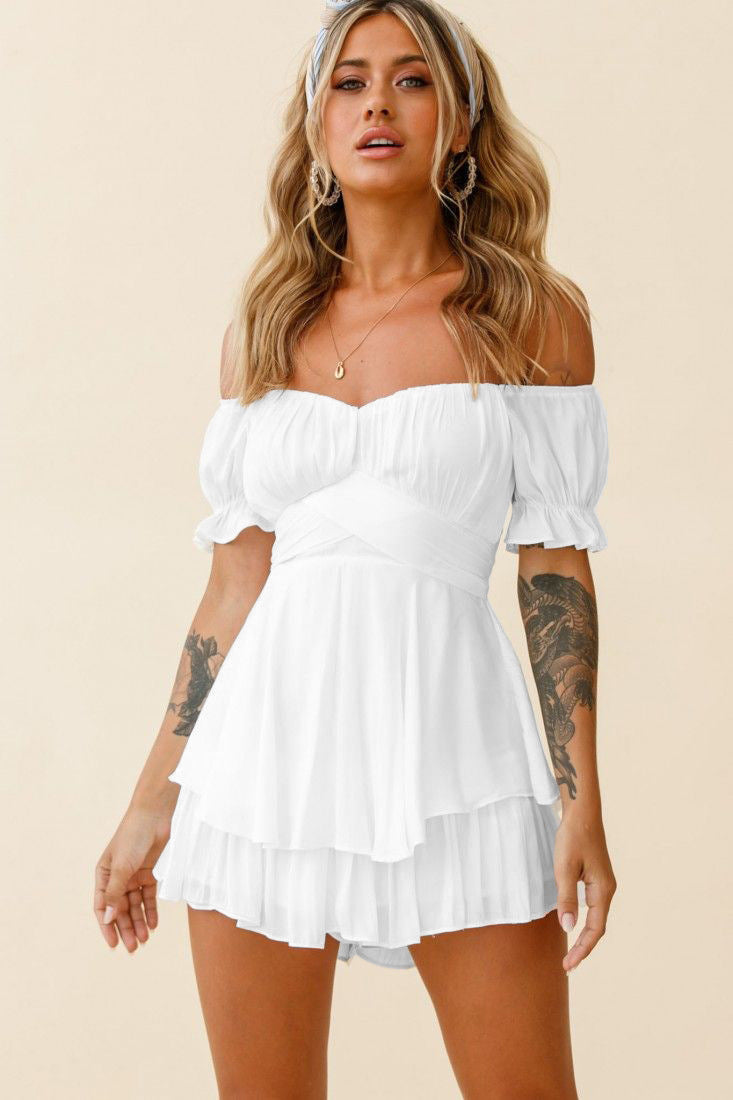 Sexy Off The Shoulder Bandage Short Jumpsuits-Dresses-White-S-Free Shipping Leatheretro