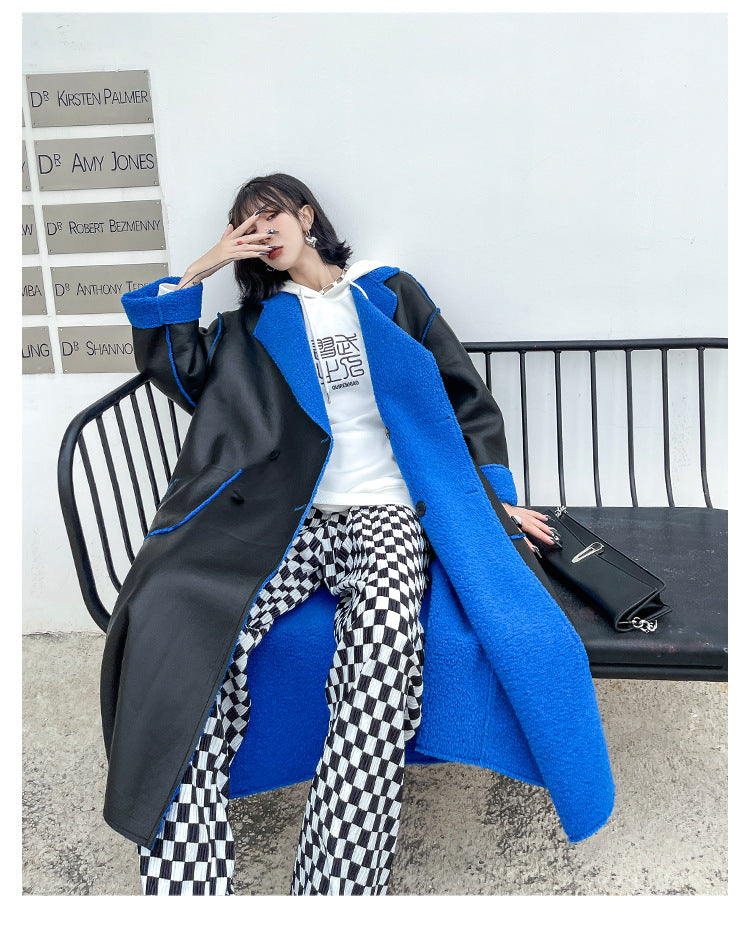 Reversible Leather Fur Thicken Winter Blazer Long Overcoat-Outerwear-Blue-One Size-Free Shipping Leatheretro