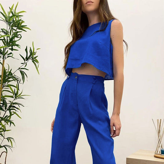 Summer Sleeveless Tops and Wide Leg Pants Summer Outfits-Suits-Blue-S-Free Shipping Leatheretro