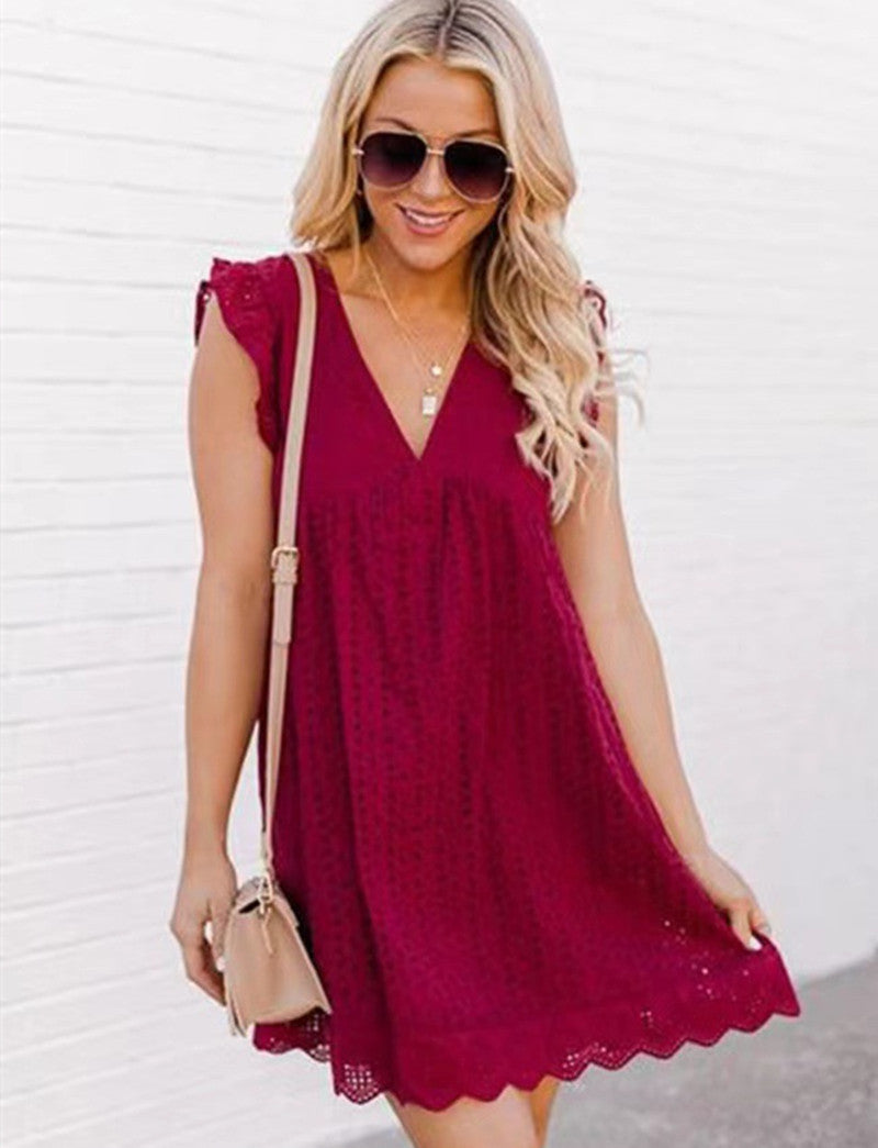 Summer Lace Hollow Out Sleeveless Daily Sun Dresses-Dresses-Watermelon-S-Free Shipping Leatheretro
