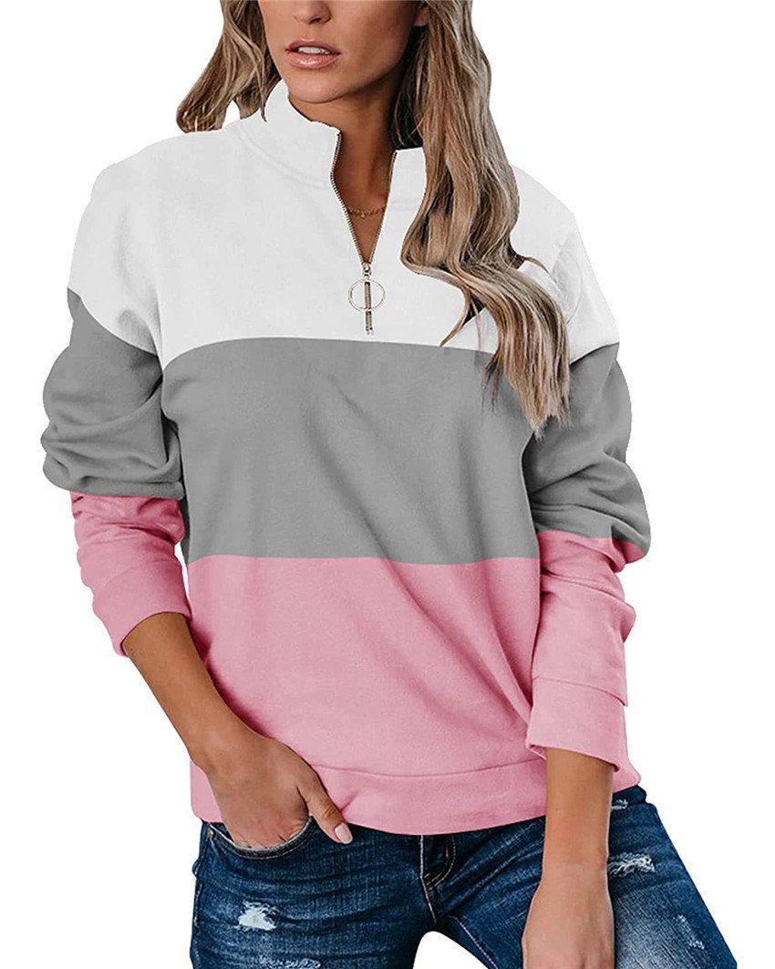 Women Casual Contrast 3 Colors Zipper Neck Fall Hoodies-Shirts & Tops-White-S-Free Shipping Leatheretro