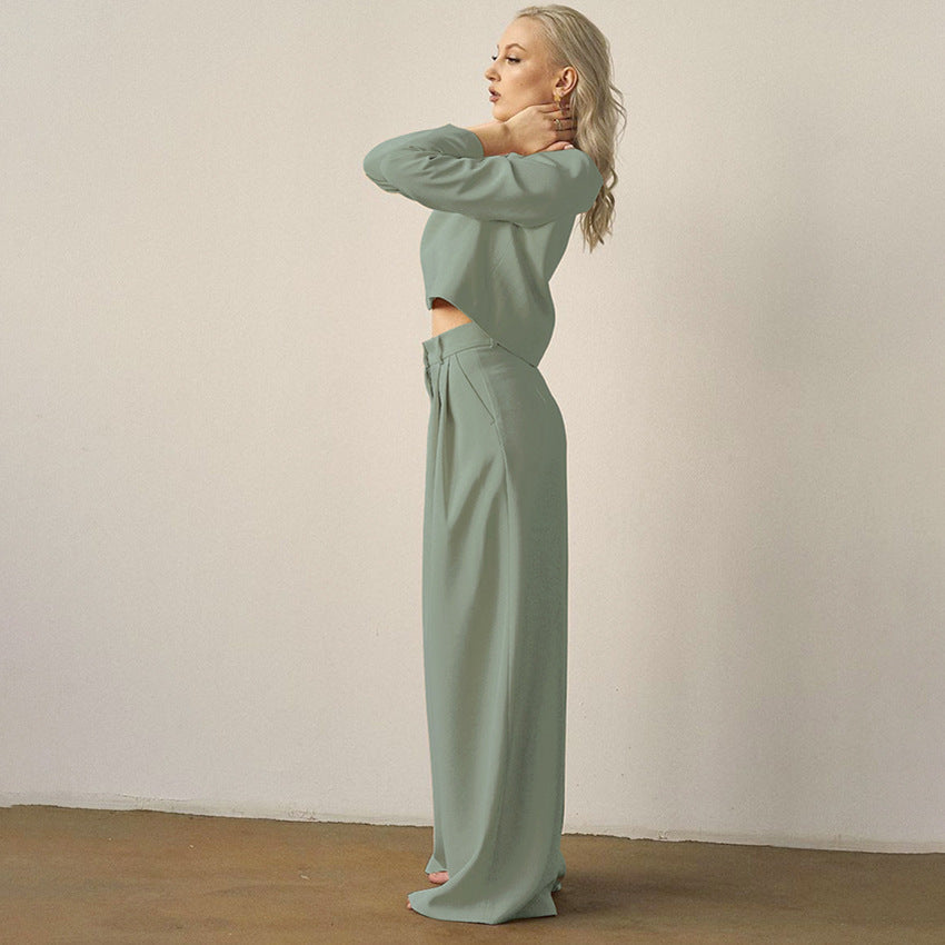 Casual Women Tops and Wide Leg Pants Two Pieces Suits-Suits-Green-S-Free Shipping Leatheretro