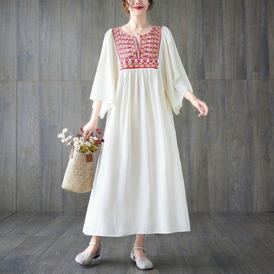 Vintage Embroidery Summer Plus Sizes Long Dresses-Dresses-White-One Size-Free Shipping Leatheretro