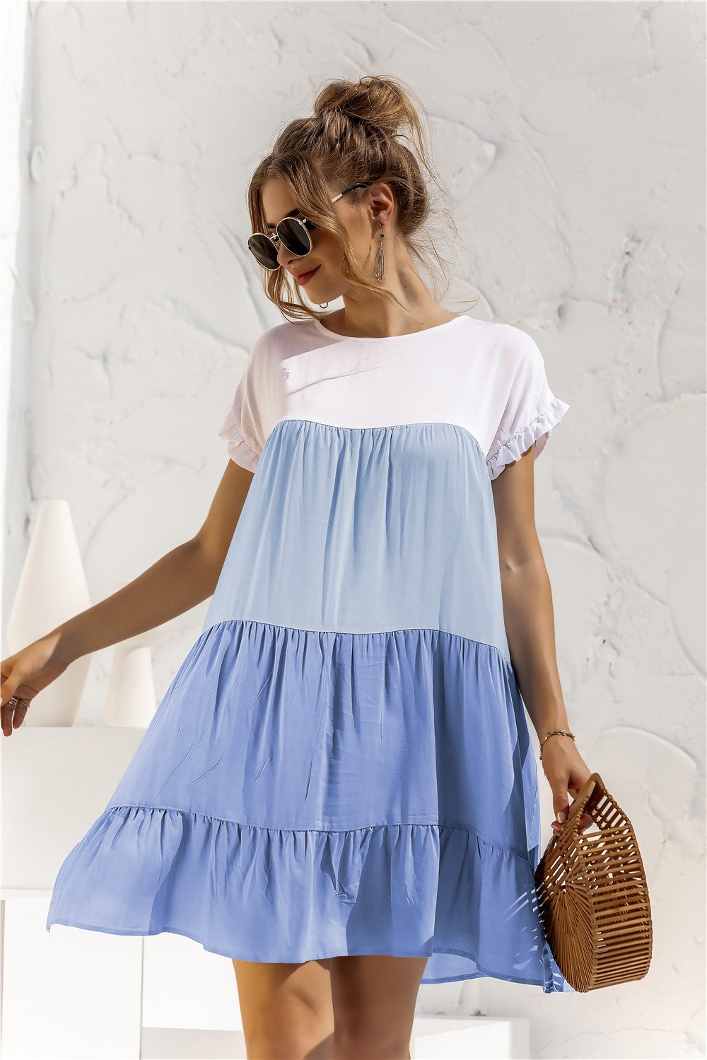 Summer Leisure Ruffled Daily Short Dresses-Mini Dresses-Blue-S-Free Shipping Leatheretro