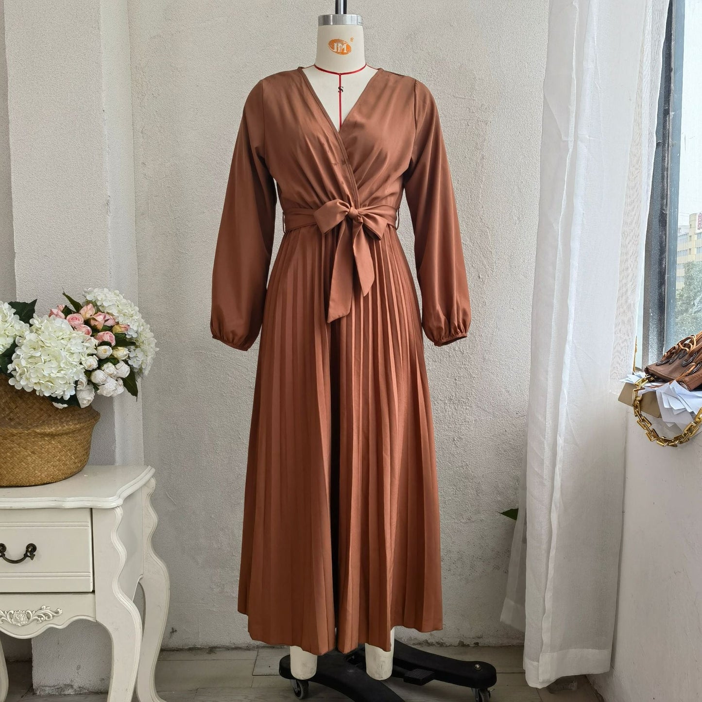 Classy V Neck Long Sleeves Midi Dresses-Dresses-Coffee-S-Free Shipping Leatheretro