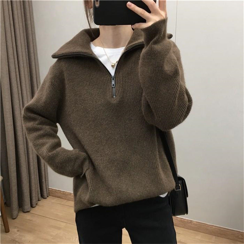 Casual Turnover Zipper Pullover Women Sweaters-Shirts & Tops-Coffee-One Size-Free Shipping Leatheretro