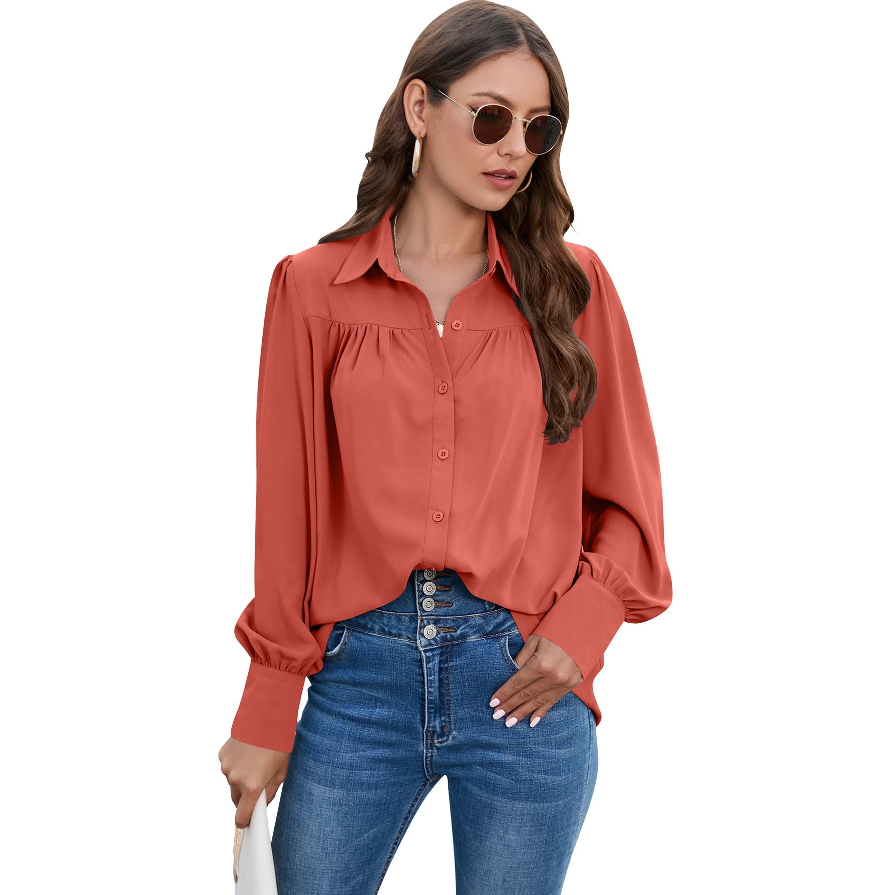 Casual Chiffon Long Sleeves Blouses for Women-Shirts & Tops-Orange-S-Free Shipping Leatheretro