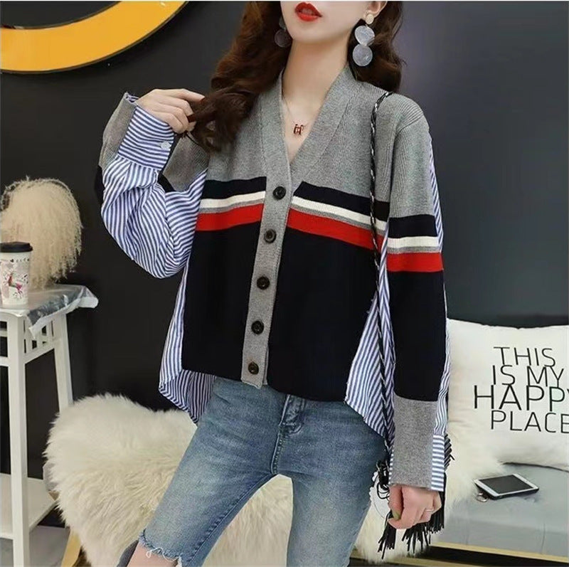 Vintage Long Sleeves Striped Knitting Women Cardigan Sweaters-Shirts & Tops-Gray-One Size-Free Shipping Leatheretro