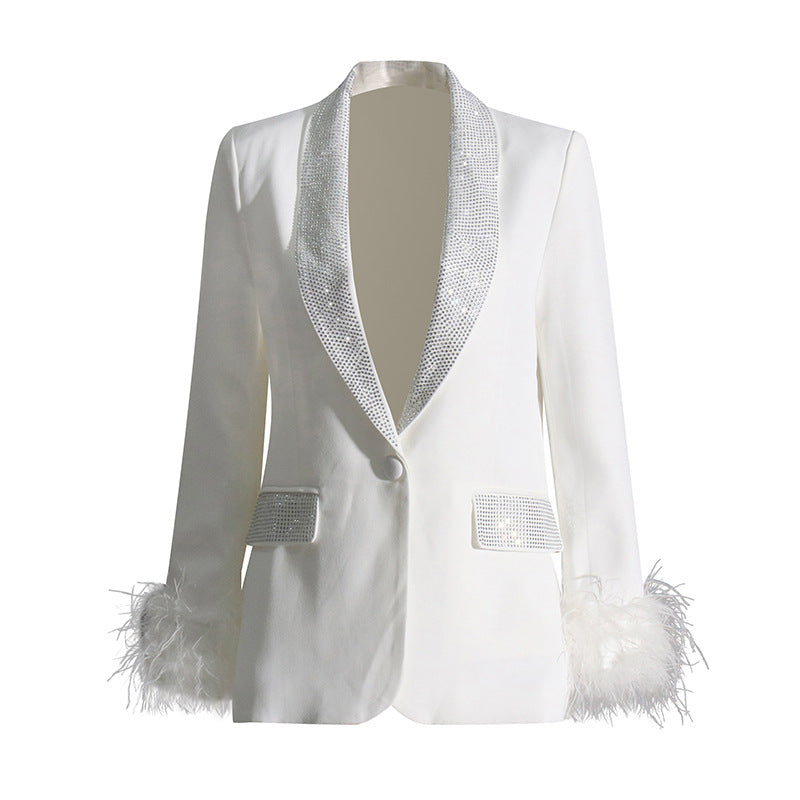 Luxury Designed Feather Blazer Coat for Women-Coats & Jackets-White-S-Free Shipping Leatheretro
