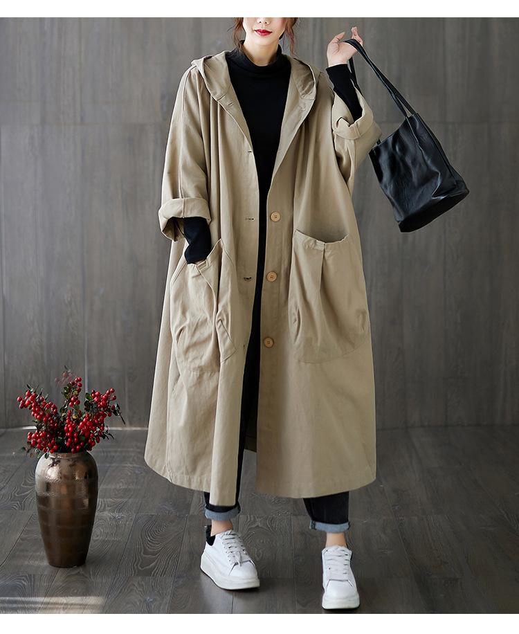 Casual Plus Sizes Long Hoody Trenchcoat-Outerwear-Khaki-One Size-Free Shipping Leatheretro